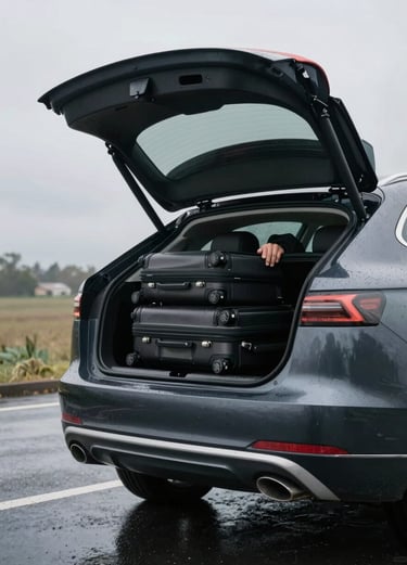 Close documentary shot of a wheeled suitcase being loaded into the boot of a dark saloon car, driver's hands visible, overcast morning light, wet tarmac reflecting grey sky, no faces shown