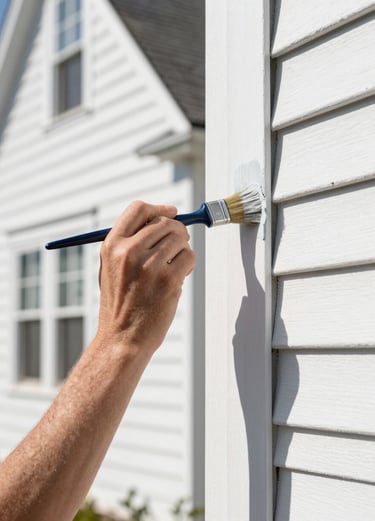 Close up of a professional painter's hand using a high-quality brush to paint exterior trim on a clean white Connecticut home. Bright daylight, crisp edges, professional and reliable vibe. Hints of #546E7A in the shadows.