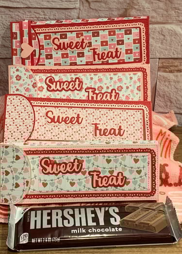 Valentine-themed chocolate bar holders made with Scrap Diva Designs dies