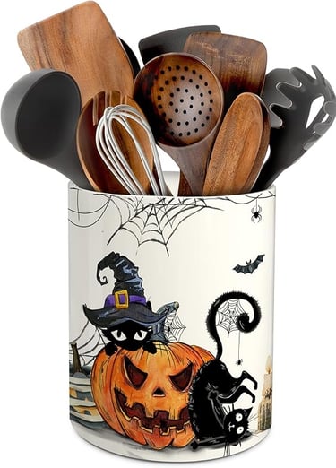 Pinata Halloween ceramic utensil holder with cat and pumpkin design, festive kitchen décor 