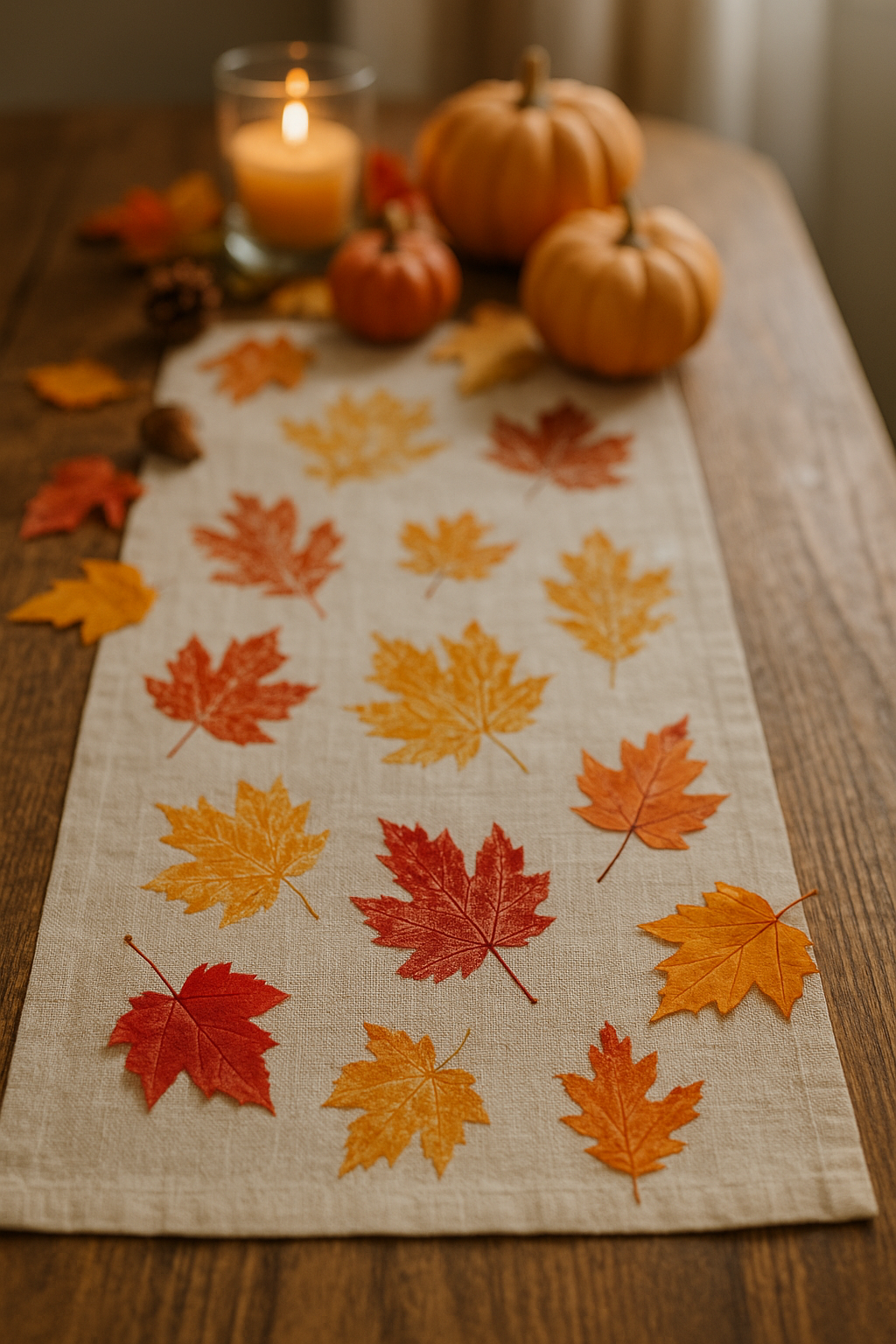 a cream linen table runner decorated with hand-painted autumn leaf prints in red, orange, and gold