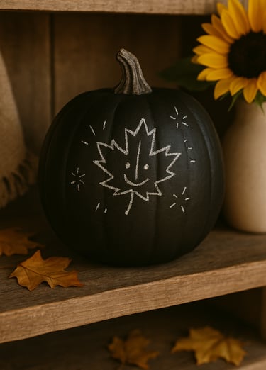 Black chalkboard pumpkin with a white chalk doodle of a smiling leaf, displayed on a rustic wooden 