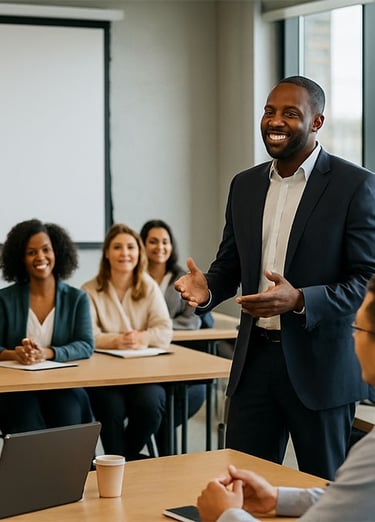 Confident businessman giving a presentation to a diverse team during a corporate training session in a conference room