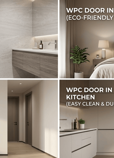 Modern WPC doors installed in a bathroom, bedroom, living room, and kitchen featuring waterproof and soundproof qualities.