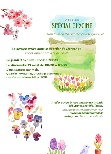 affiche atelier aquarelle printemps Lyon peinture fleurs glycine cours débutant Montchat