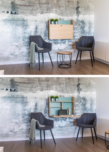 Mesa abatible de pared para usar como escritorio eventual en teletrabajo. Interiorismo en Valencia con mural tonos turquesas