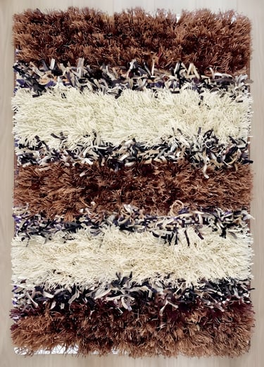 Modern horizontal striped heavy shaggy hand-tufted rug in mocha brown chocolate and cream from India
