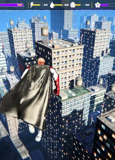 Immagine di un supereroe che sorvola la città.