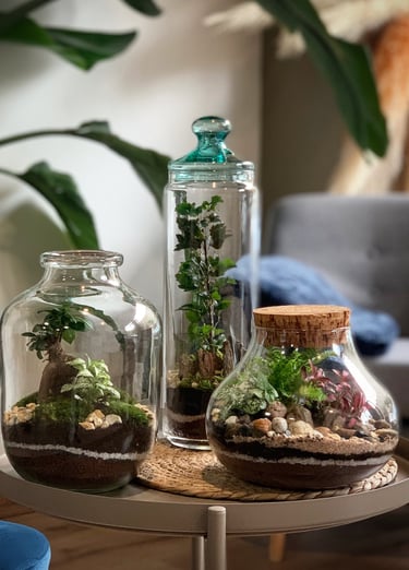 une table avec un pot en verre contenant des plantes et une bouteille d'eau