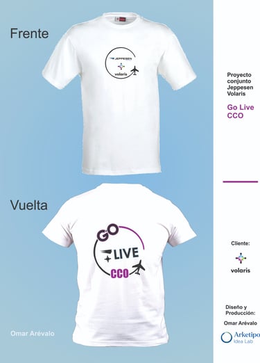 Diseño e impresión de camisetas para lanzamiento de proyecto Go Live CCO alianza Volaris/Jeppesen