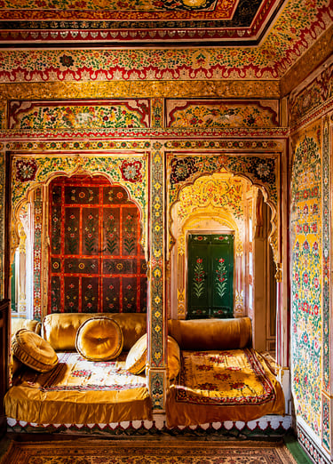 Intricate sandstone architecture at Patwon Ki Haveli in Jaisalmer.