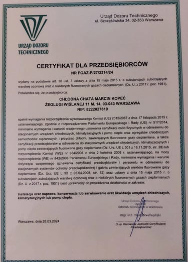 Certyfikat uprawniający do instalacji, naprawy, konserwacji i serwisowania urządzeń klimatyzacyjnych