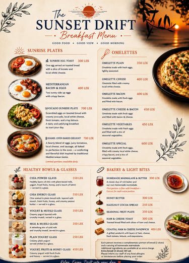 Breakfast menu for The Sunset Drift Tavern by John’s Guesthouse, featuring sunrise plates, omelettes