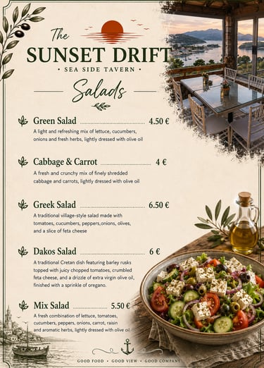 Salads menu for The Sunset Drift Tavern by John’s Guesthouse, featuring Mediterranean favorites incl