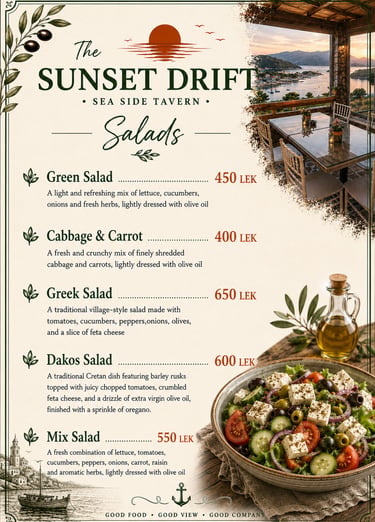 Salads menu for The Sunset Drift Tavern by John’s Guesthouse, featuring Mediterranean favorites incl