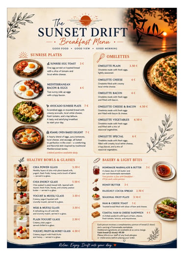 Breakfast menu for The Sunset Drift Tavern by John’s Guesthouse, featuring sunrise plates, omelettes
