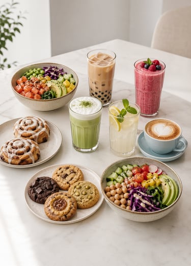 Healthy poke bowls, gourmet cookies, cinnamon rolls, and refreshing boba tea on a marble table.