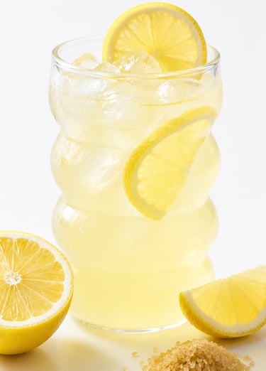 Refreshing iced lemonade in a ribbed glass with lemon slices and raw sugar on a white background.
