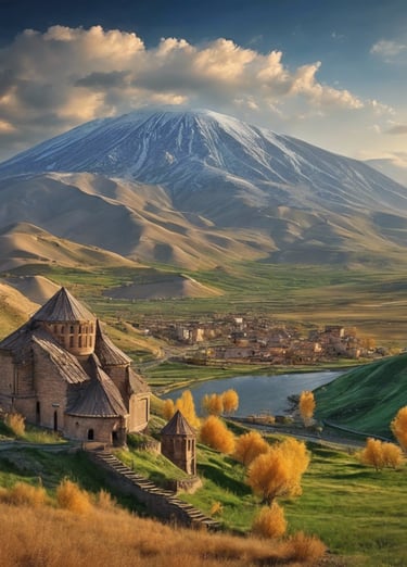 a mountain scene with a church and a mountain in the background