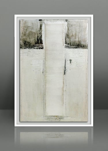 Framed minimalist abstract oil painting featuring neutral tones, textured white brushstrokes, and a central vertical line.