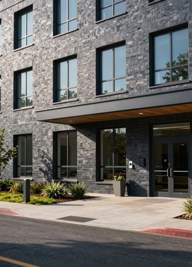 Clean architectural exterior shot of a modern skilled nursing facility under bright natural daylight with a cool-toned slate cast.