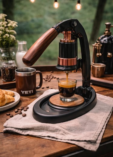 Manual lever espresso machine brewing a shot of coffee into a glass on a wooden table outdoors.