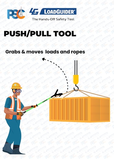 Hands-free lifting safety website design for PSC LoadGuider push pull stick with blue footer and cle