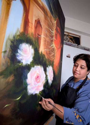 Geeta Arya, Contemporary artist, painter of states and luminous sanctuaries, working on her painting Becoming