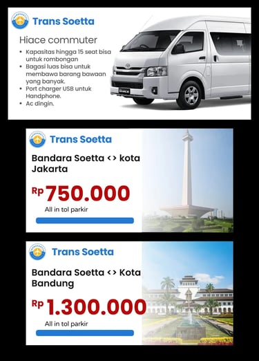 Brosur promo harga Airport Transfer ke kota Jakarta dan ke kota Bandung.