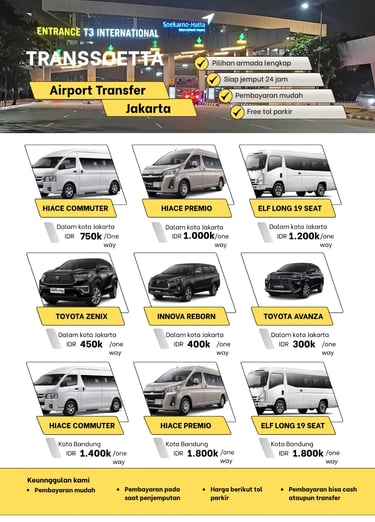 Brosur harga sewa airport Transfer Jakarta Transsoetta dari Bandara ke lokasi tujuan dan sebaliknya.