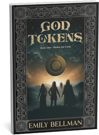 Fantasy novel cover for God Tokens by Emily Bellman featuring three silhouettes at sunrise.