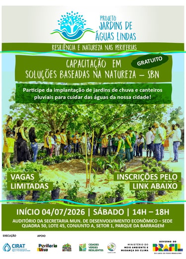 Poster for Jardins de Águas Lindas nature-based solutions training with rain garden workshop details.