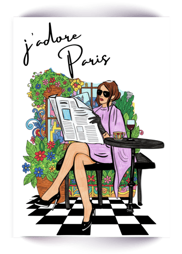 Chic woman reading a newspaper at a French cafe with J'adore Paris text and floral accents.