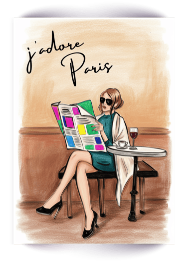 Fashion illustration of a woman in Paris sitting at a cafe reading a newspaper with wine.
