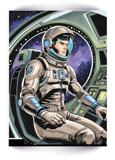 Retro comic book illustration of an astronaut in a beige spacesuit piloting a spacecraft in deep space.
