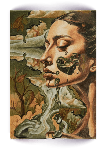 Surreal colored pencil drawing of a woman's profile merging with a forest landscape and melting elements.