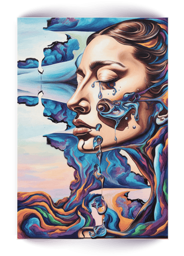 Surreal portrait painting of a woman crying liquid blue and purple abstract waves.