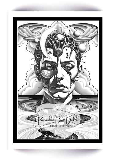 Surreal coloring art style page of a worried male head and flow