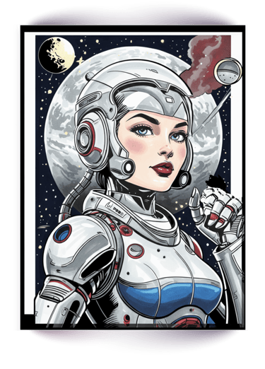 Retro sci-fi illustration of a female astronaut in a sleek white space suit against a lunar background.