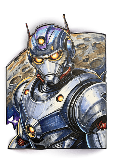 Hand-drawn illustration of a futuristic blue space robot with glowing yellow eyes on a moon background.
