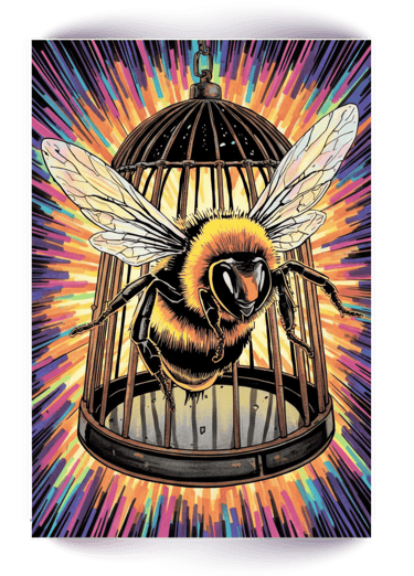 A giant bumblebee breaking out of a birdcage with a colorful psychedelic burst background.