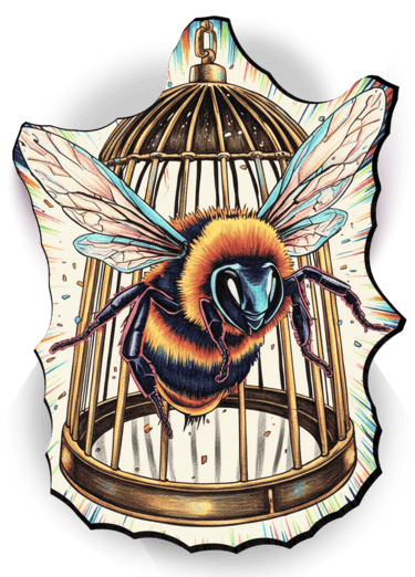 Surreal illustration of a fuzzy bumblebee escaping from a vintage golden birdcage.