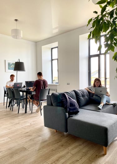 Three people working on laptops in a bright, modern open-plan home office with a grey sofa.