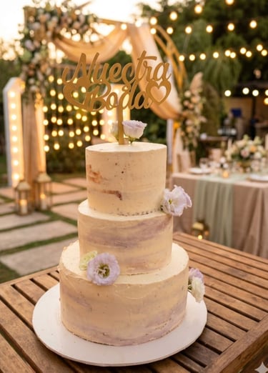 pastel de bodas con tonalidades lilas y flores  en una mesa de madera