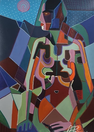 Kubistisch-figuratives Frauenprofil mit Halo vor Sternhimmel – Feminine Majestät I, 30×42 cm.