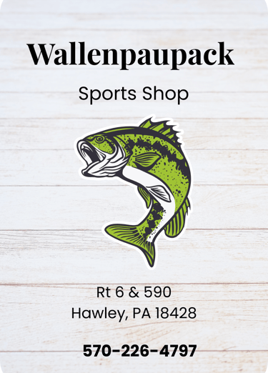 Wallenpaupack Sports Shop logo featuring a largemouth bass over a white wood background.