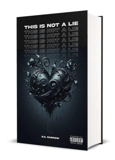 A black book cover featuring a black romantic heart entwined in roses and decorative flourishes