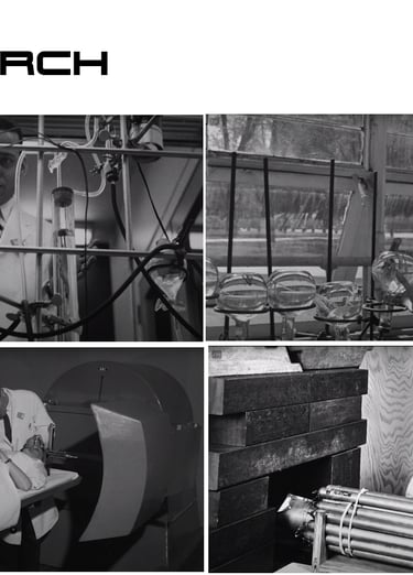 Vintage black and white photos showing scientific research, lab equipment, and medical experiments.