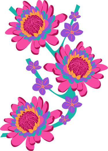 Stylized flowers with 3 large pink flowers, 6 small purple flowers on green stems