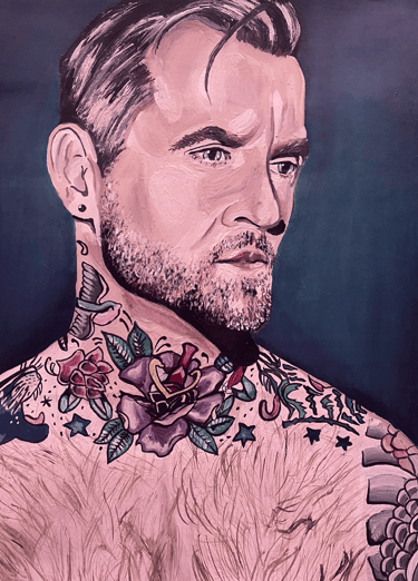 portrait of a white man with a flower tattoo